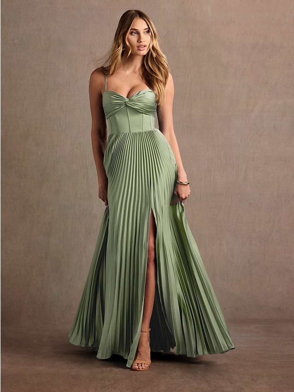 Azazie Tyla Dusty Sage Pleated Maxi Dress